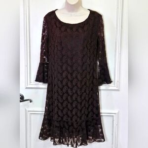 Cowgirl Hardware Brown Paisley Embroidered Mesh Flare Sleeve Midi Dress,X-Large